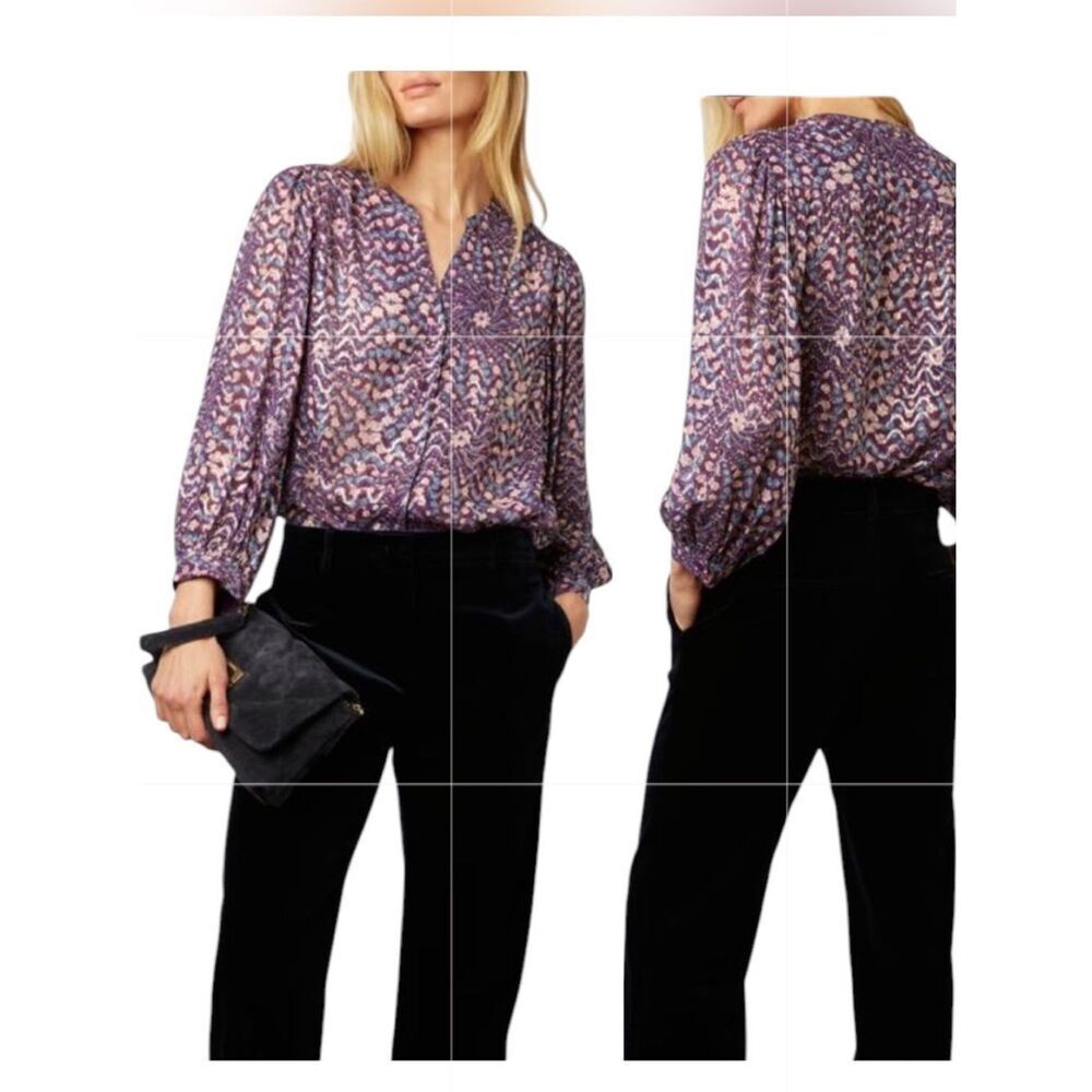 Gerard Darel Blouse Top Metallic  Abstract Print Balloon Sleeve Purple Sz 36 US4